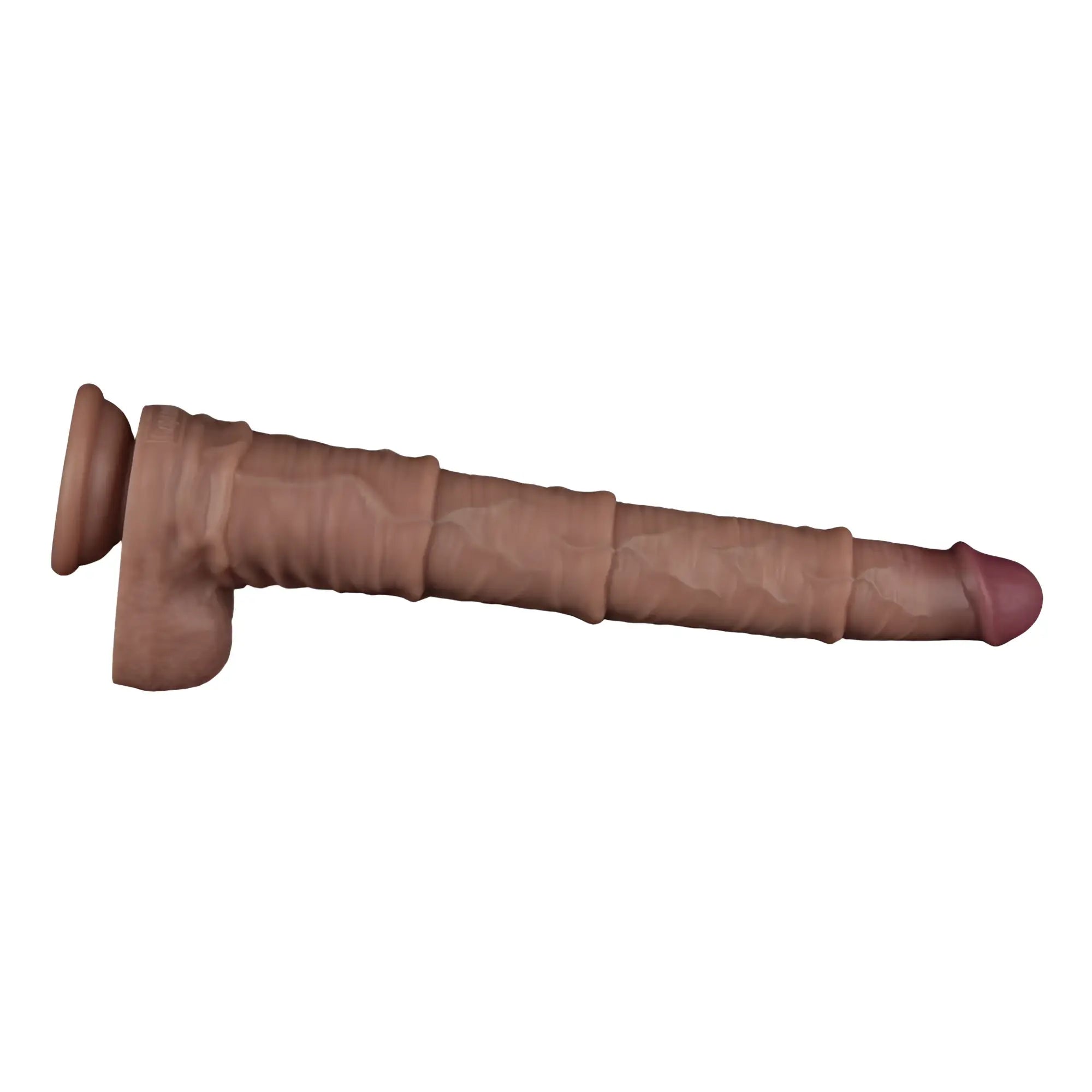 Tan-colored realistic silicone phallic-shaped lovetoy 16in dual layered bendable cock xxl with textured ridges and rounded head