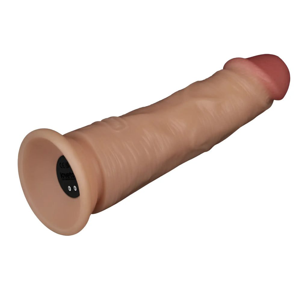 Beige silicone 7 inch vibrating usb power basics cock with realistic textured surface and pinkish head by lovetoy