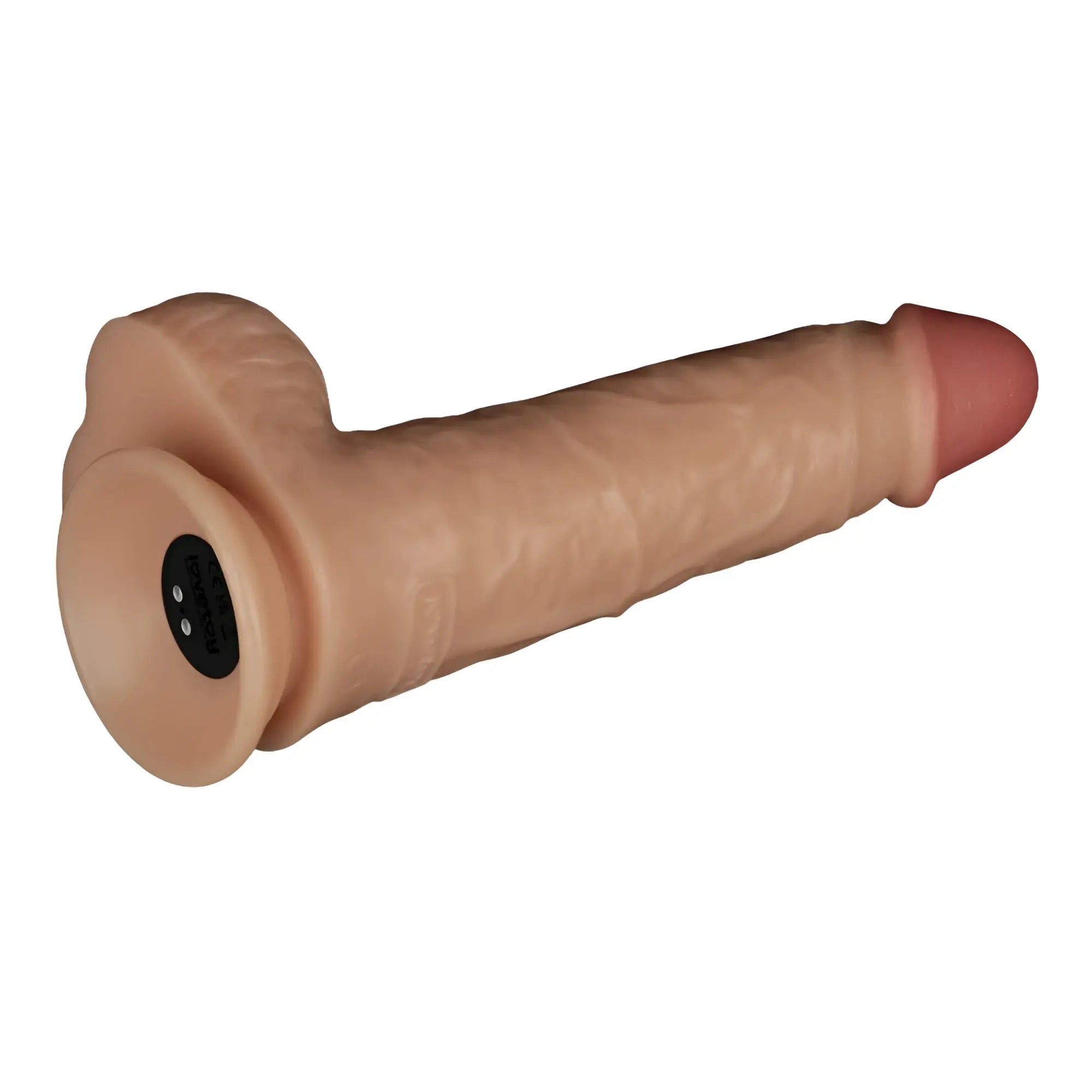 Beige silicone vibrating 8in adult toy with pink head textured surface and integrated black circular USB power base