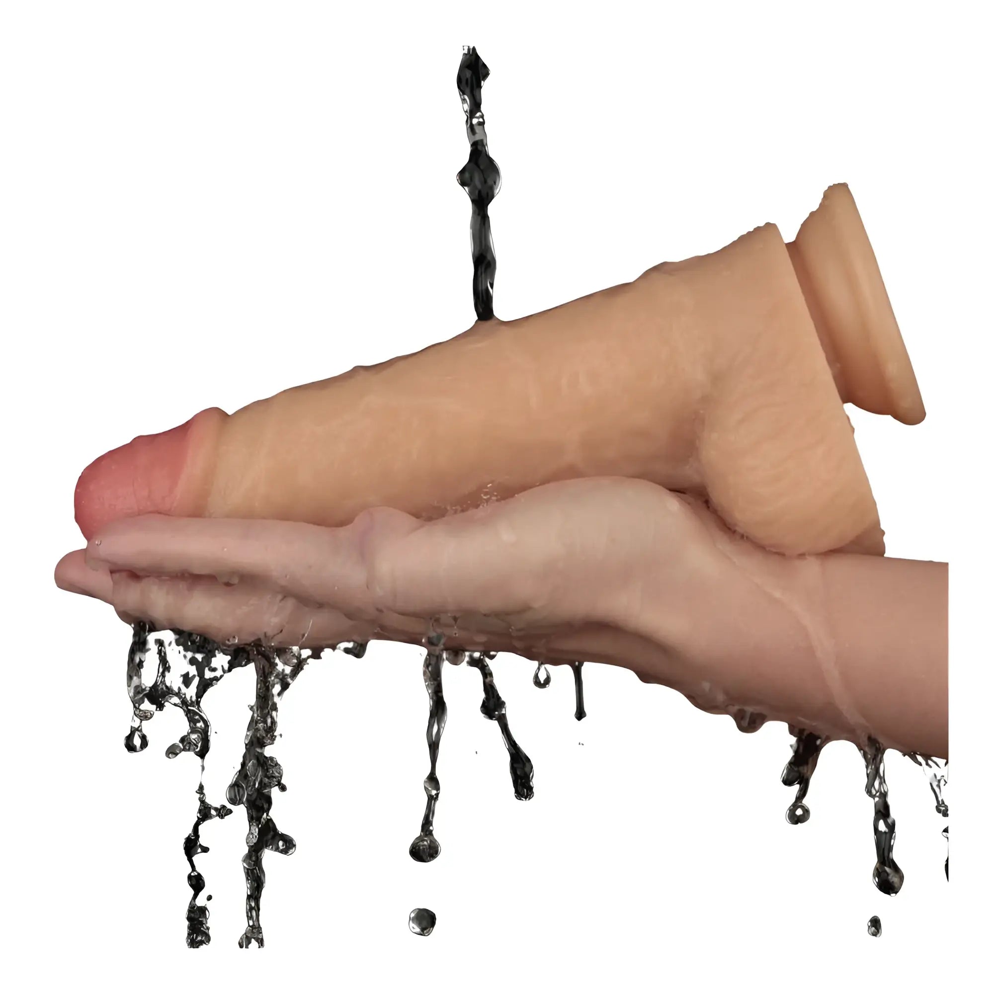 Beige silicone realistic male genital model rinsed with water from lovetoy 9in vibrating usb power basics cock