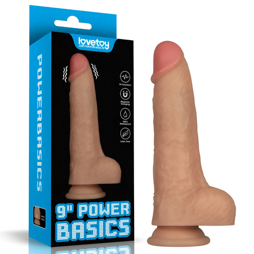 Tan silicone 9-inch vibrating USB power basics cock by Lovetoy for hands-free adult pleasure use