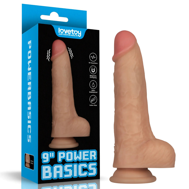 Tan silicone 9-inch vibrating USB power basics cock by Lovetoy for hands-free adult pleasure use