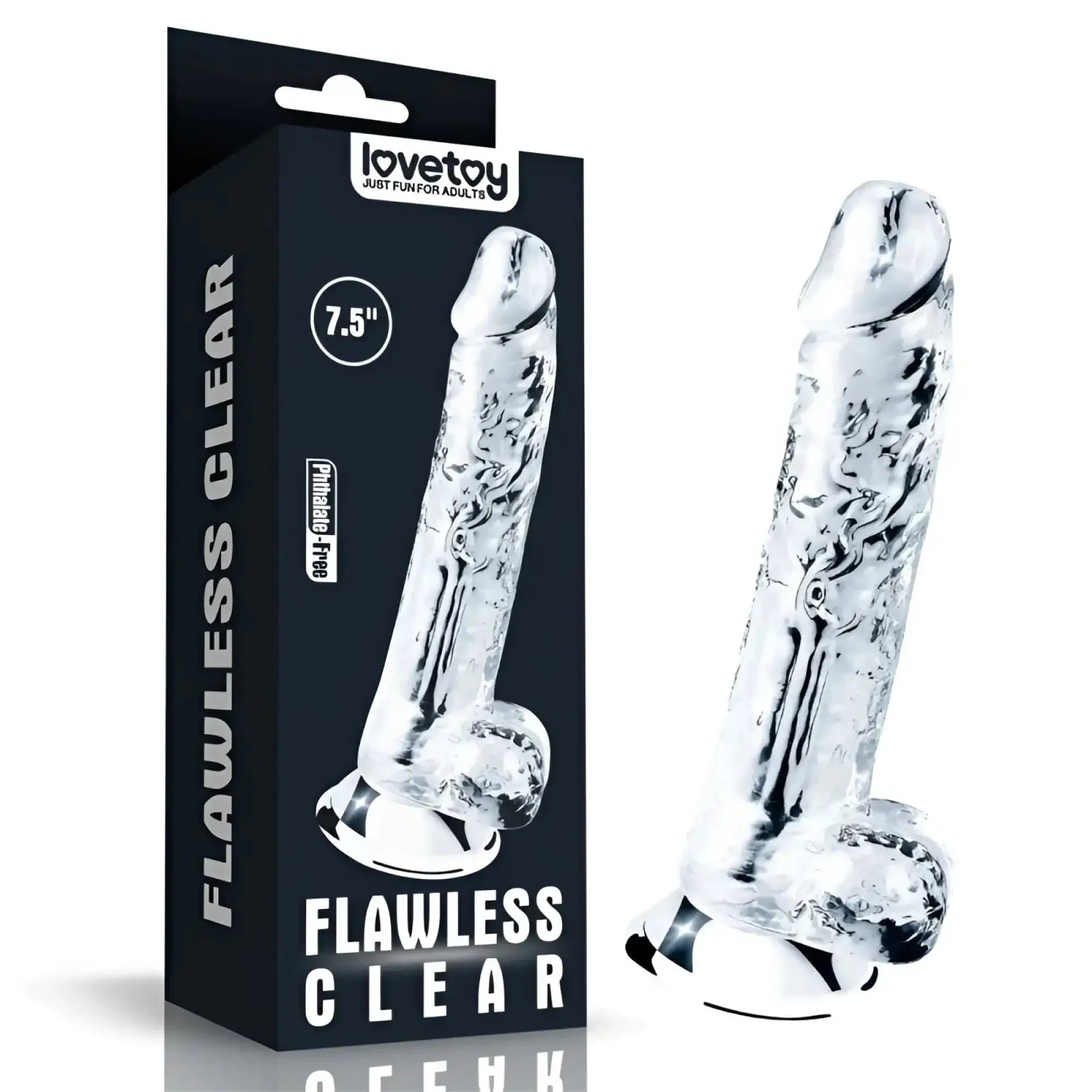 Lovetoy clear dildo 7.5in made of transparent silicone with textured surface and rounded base for comfortable use