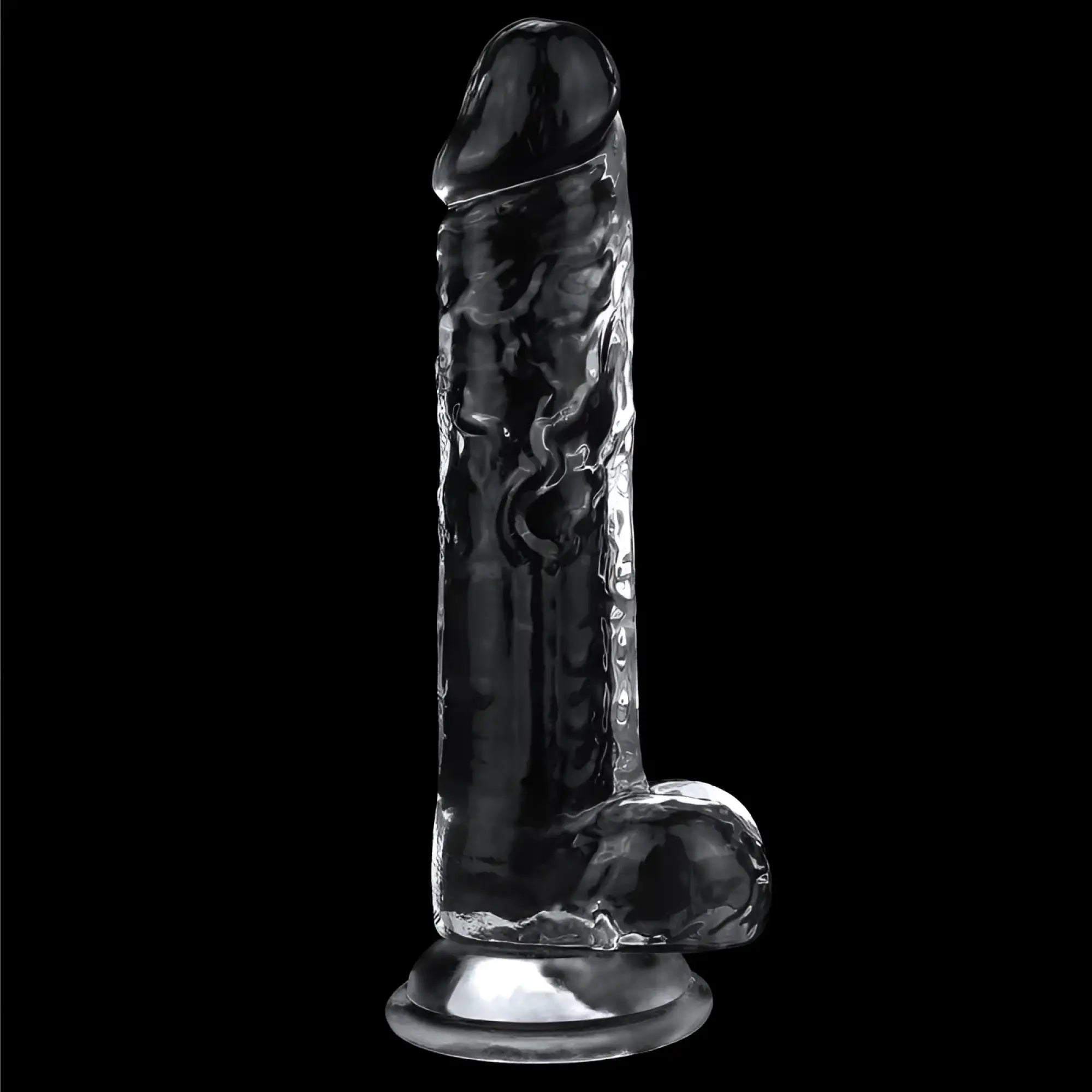 Lovetoy clear dildo 7.5in transparent glass with textured surface and metallic base for intimate use