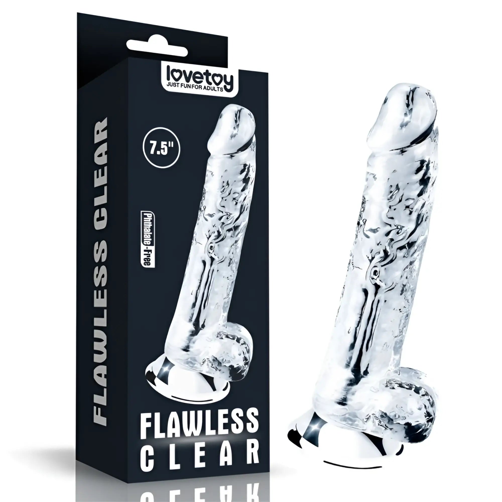 Lovetoy clear dildo 7.5in made of transparent silicone with textured surface and rounded base for comfortable use