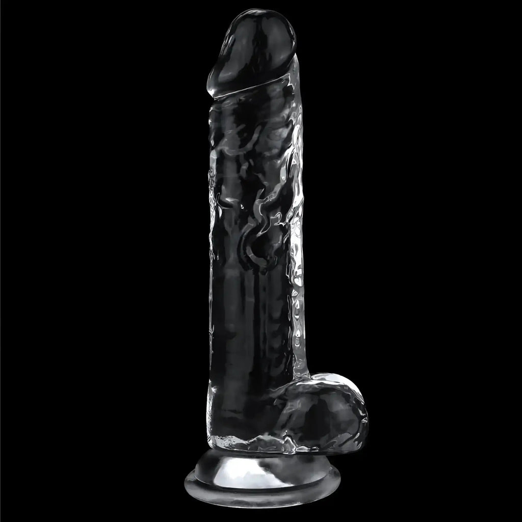 Lovetoy clear dildo 7.5in transparent glass with textured surface and metallic base for intimate use