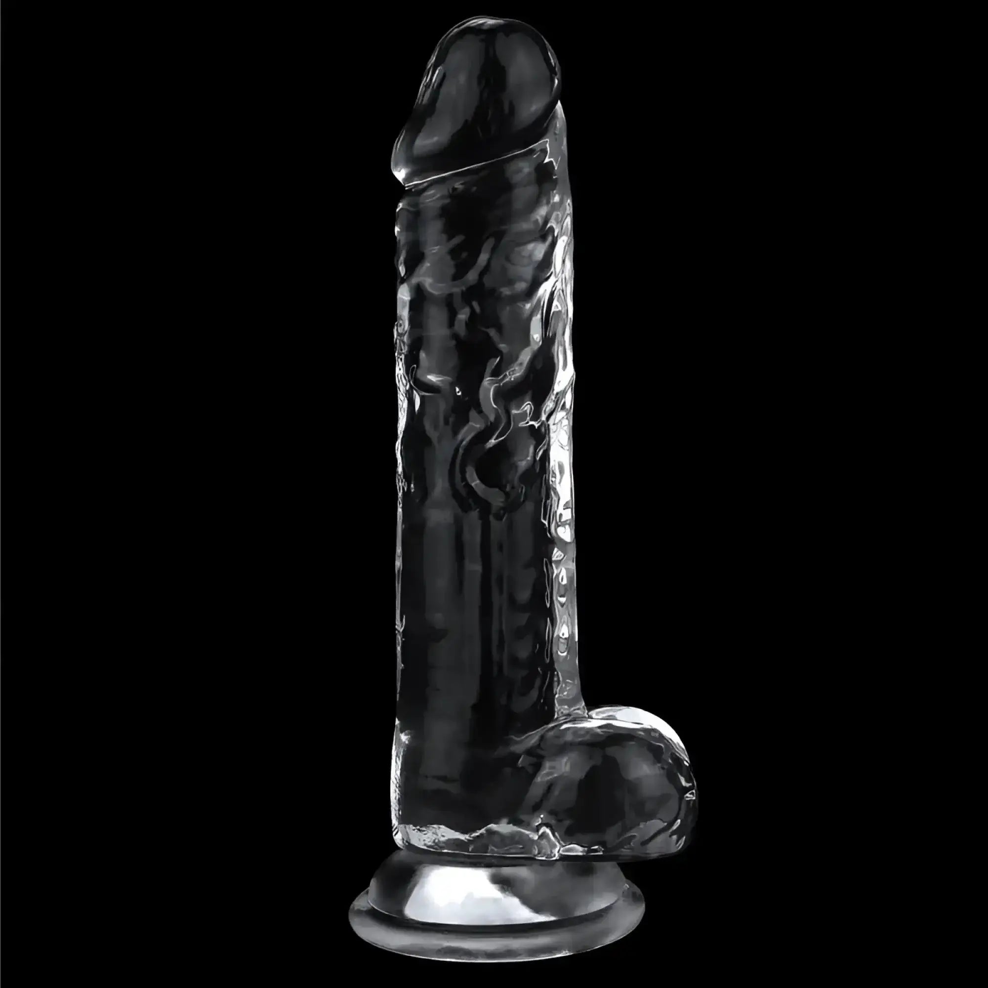 Lovetoy clear dildo 7.5in transparent glass with textured surface and metallic base for intimate use