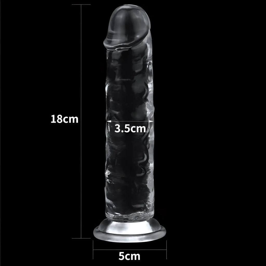 Lovetoy clear dildo 7in made of textured silicone with a silver metallic base and rounded head