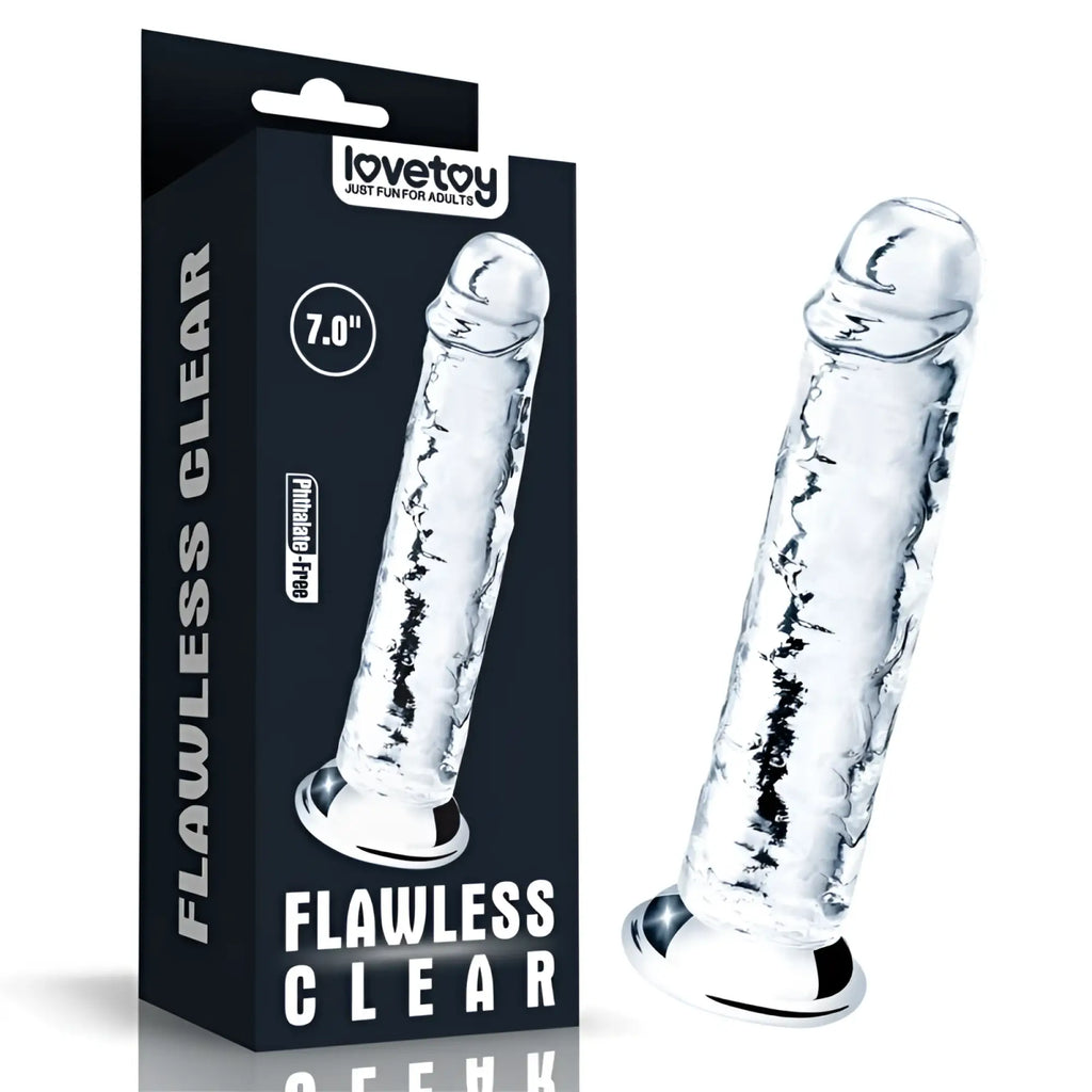 Clear transparent silicone dildo with textured surface and silver-colored base from Lovetoy Clear Dildo 7in product