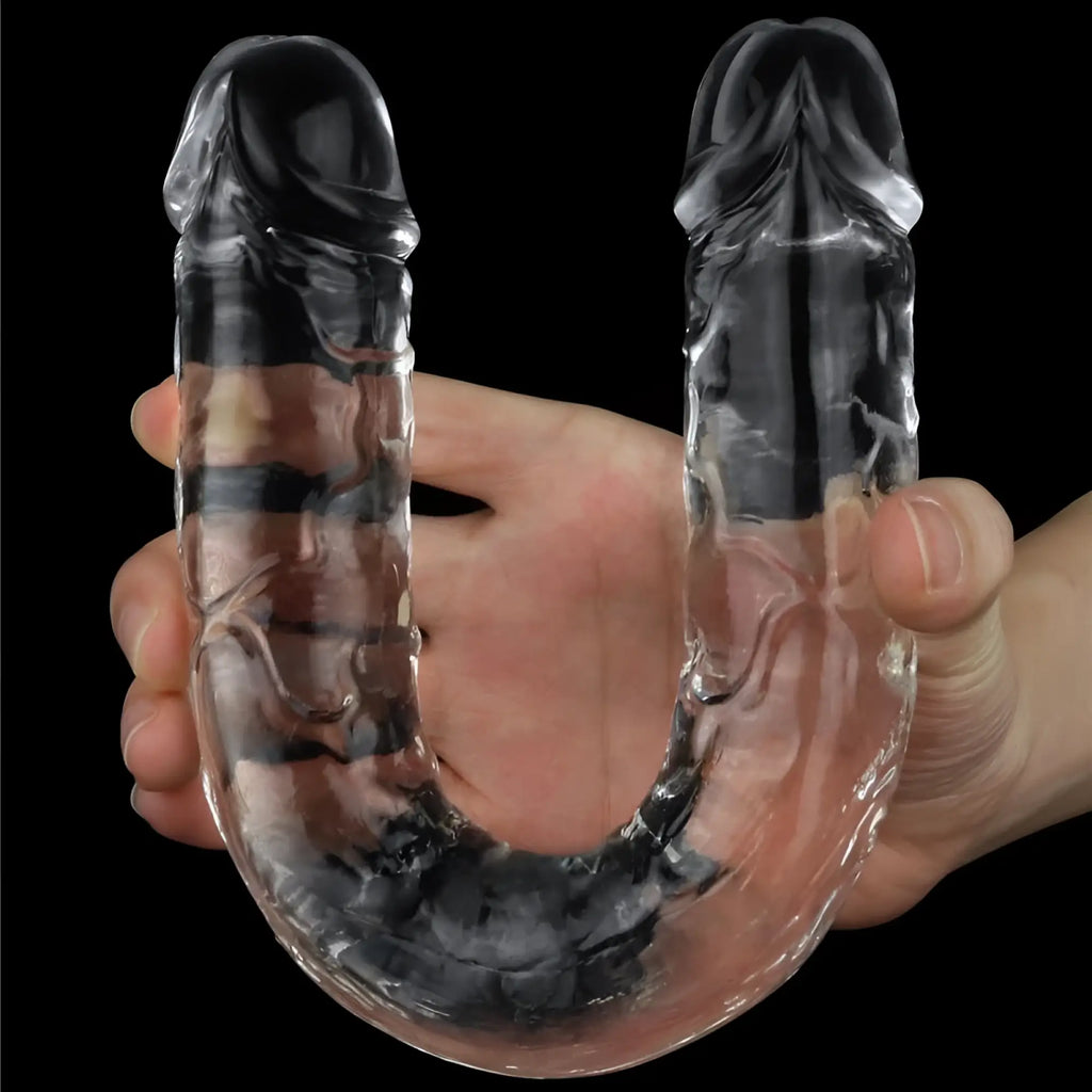 Clear transparent silicone lovetoy clear double dildo 12in with u-shaped design and realistic textured male forms