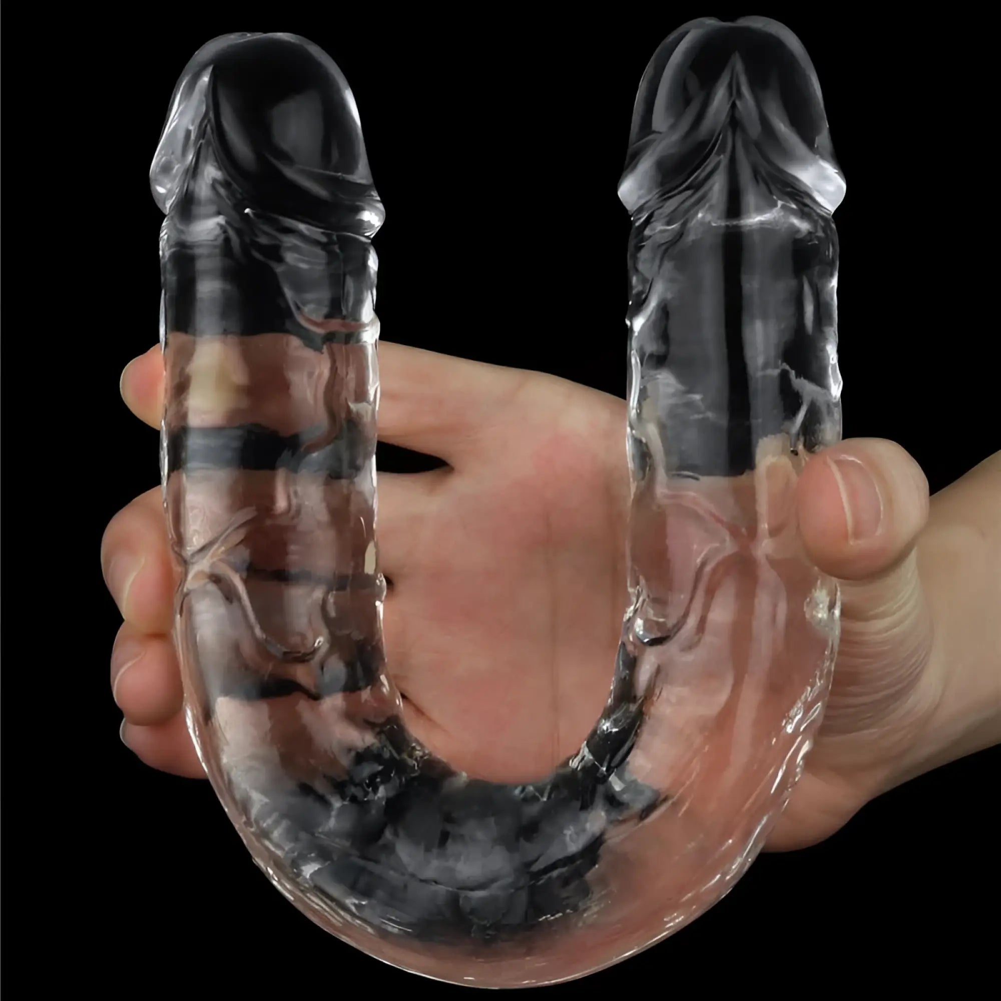 Clear transparent silicone lovetoy clear double dildo 12in with u-shaped design and realistic textured male forms