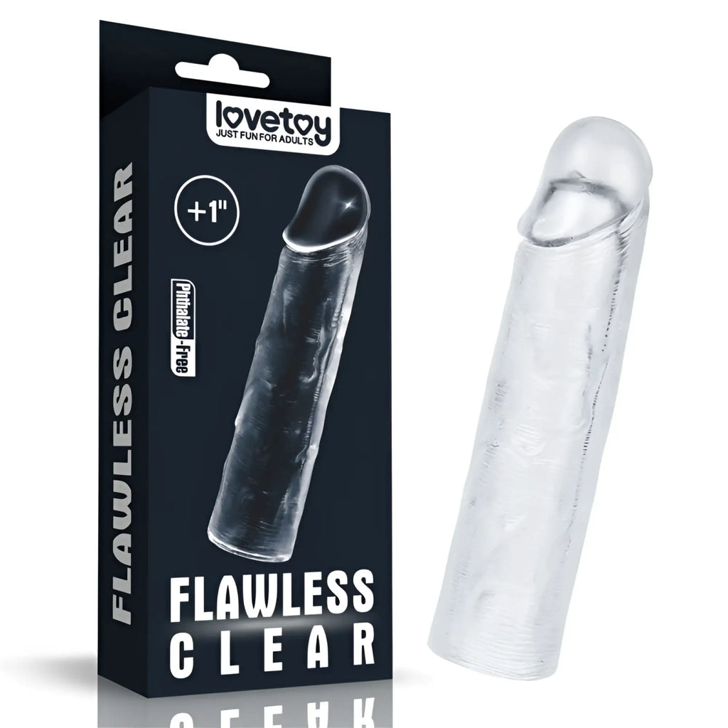 Clear transparent silicone lovetoy penis extender sleeve plus 1 inch with textured surface and rounded tip