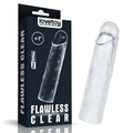 Clear transparent silicone lovetoy penis extender sleeve plus 1 inch with textured surface and rounded tip