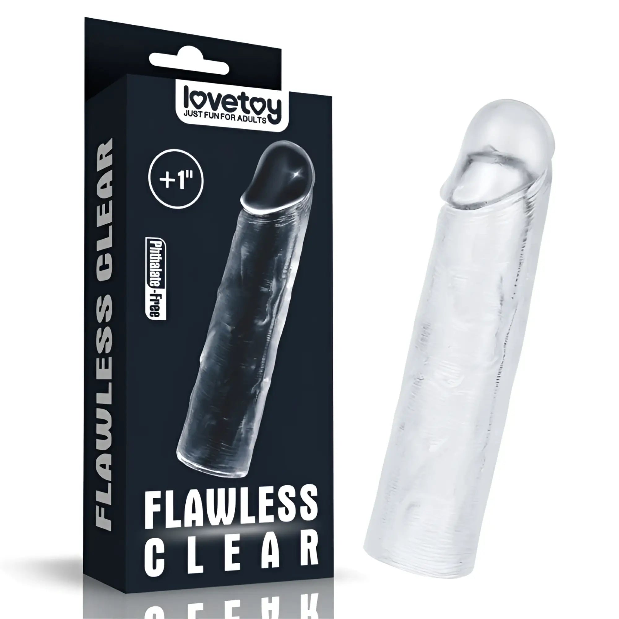 Clear transparent silicone lovetoy penis extender sleeve plus 1 inch with textured surface and rounded tip