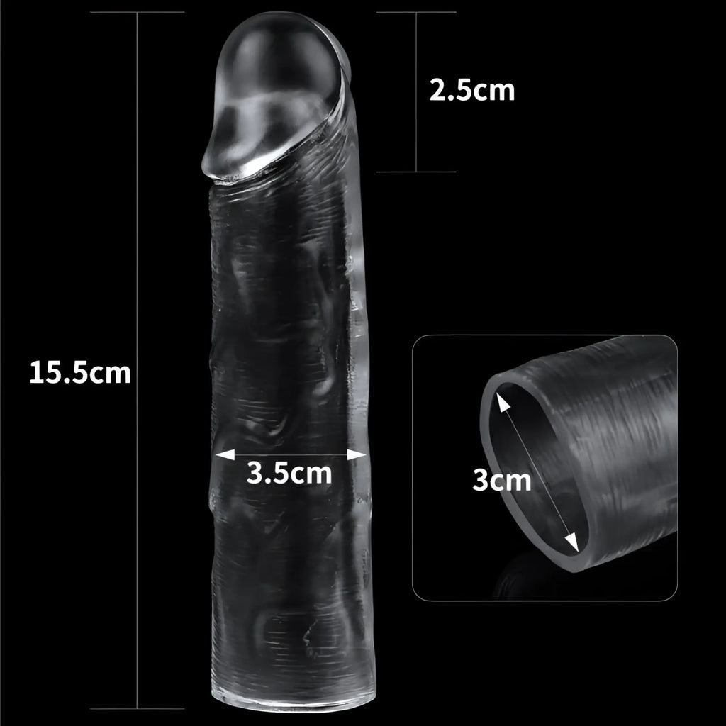 Lovetoy clear penis extender sleeve plus 1in transparent silicone dildo with textured surface rounded head 15.5cm length