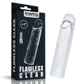 Clear transparent silicone lovetoy penis extender sleeve plus 1 inch with textured surface and rounded tip