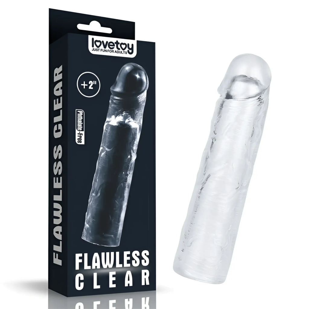 Flawless clear transparent silicone lovetoy penis extender sleeve plus 2in with black tip and textured surface