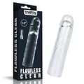 Flawless clear transparent silicone lovetoy penis extender sleeve plus 2in with black tip and textured surface
