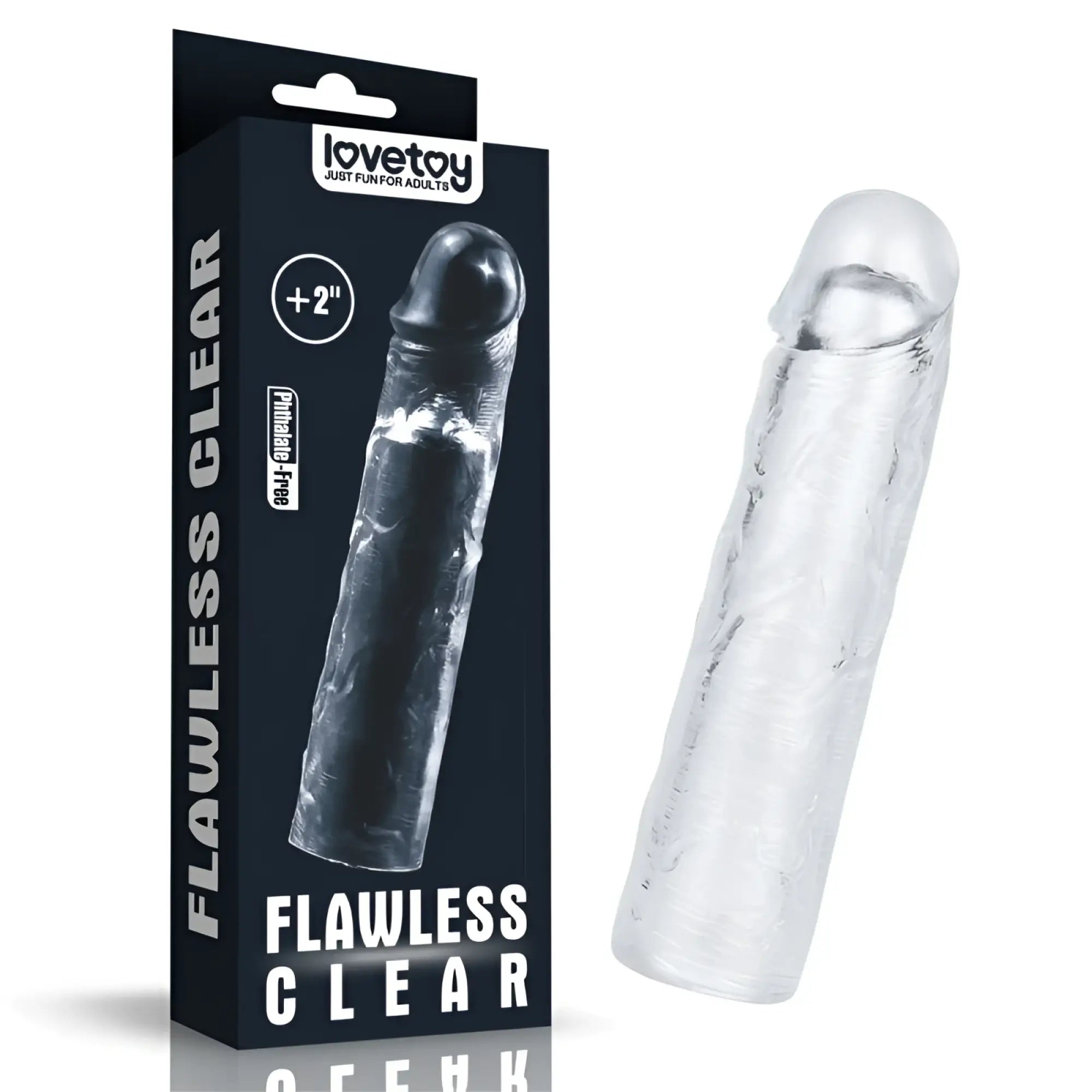 Flawless clear transparent silicone lovetoy penis extender sleeve plus 2in with black tip and textured surface