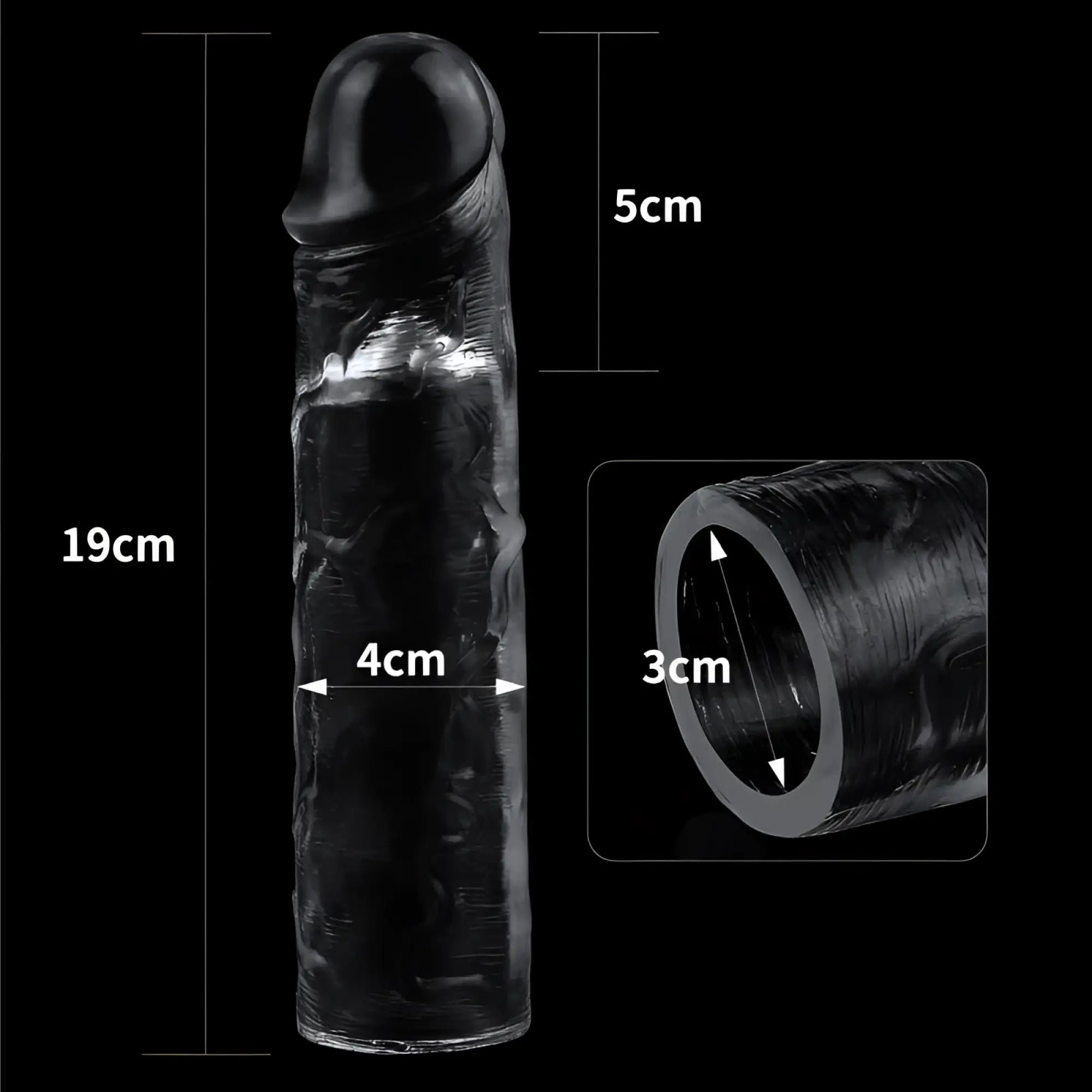 Transparent silicone dildo with textured surface and black rounded tip 19cm in lovetoy clear penis extender sleeve plus 2in