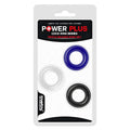 Lovetoy coloured triple donut cock ring set in blue clear and black silicone for power plus stimulation