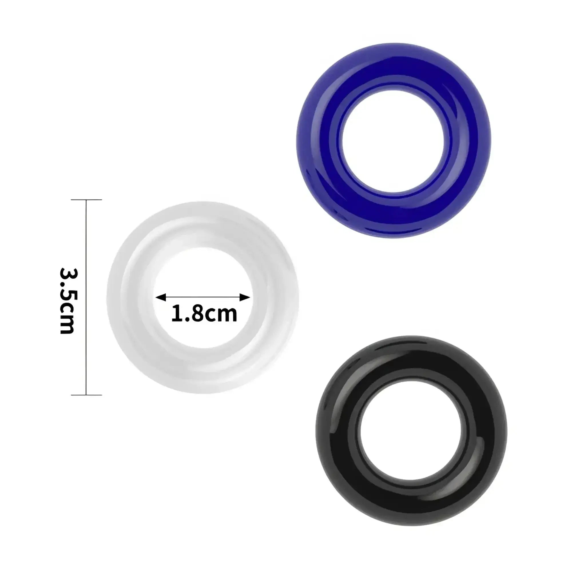 Lovetoy coloured triple donut cock ring set featuring three silicone rings in blue white and black for enhancement