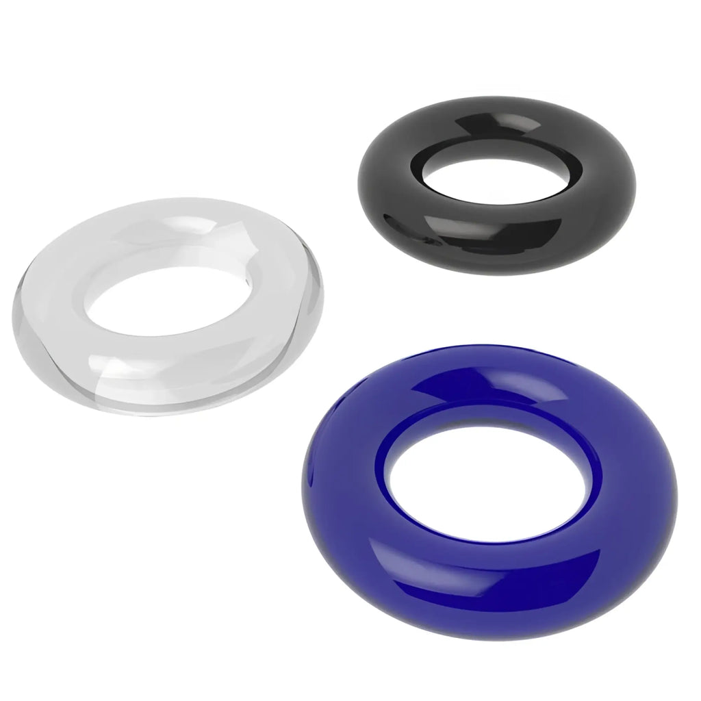 Lovetoy coloured triple donut cock ring set with three glossy translucent silicone rings in clear black and royal blue