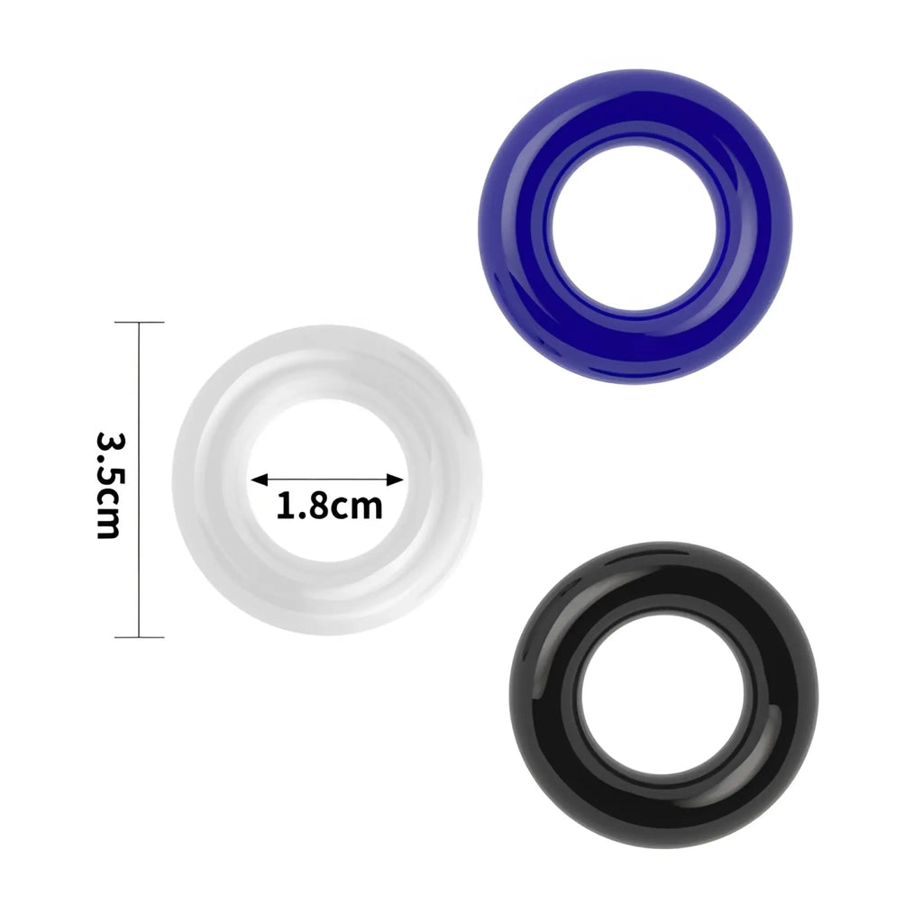 Lovetoy coloured triple donut cock ring set featuring three silicone rings in blue white and black for enhancement