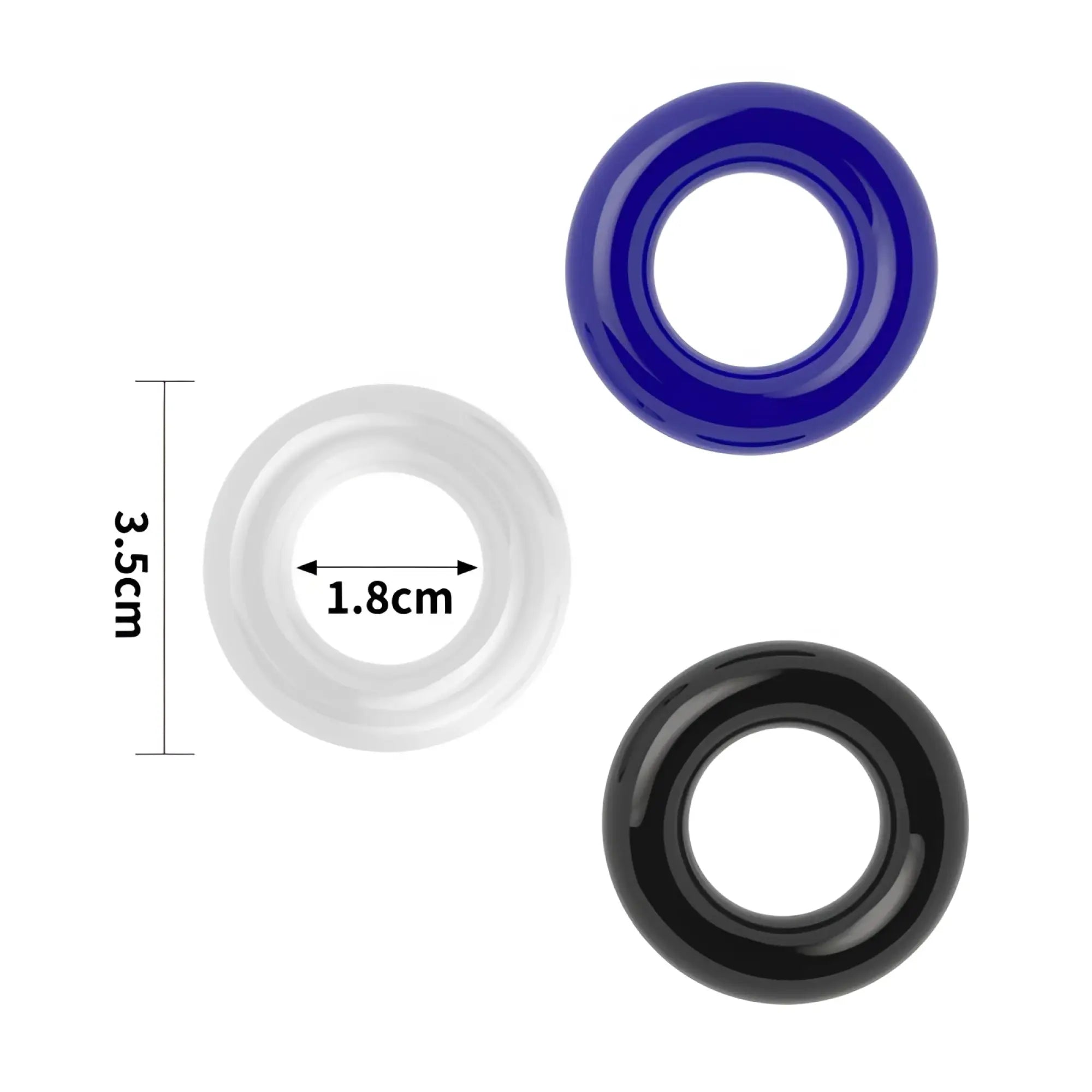 Lovetoy coloured triple donut cock ring set featuring three silicone rings in blue white and black for enhancement