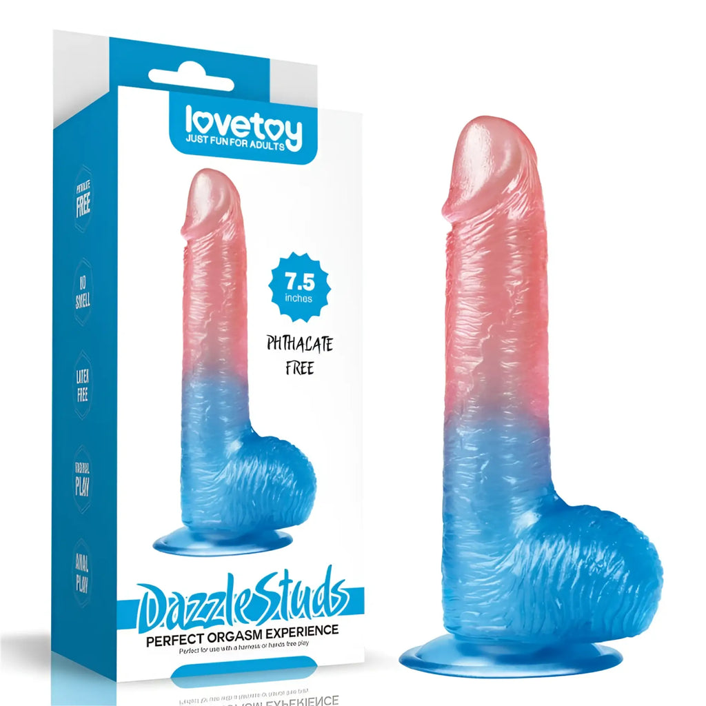 Lovetoy dazzlestuds dildo 7.5 inch phthalate free pink to blue silicone with realistic texture and suction base