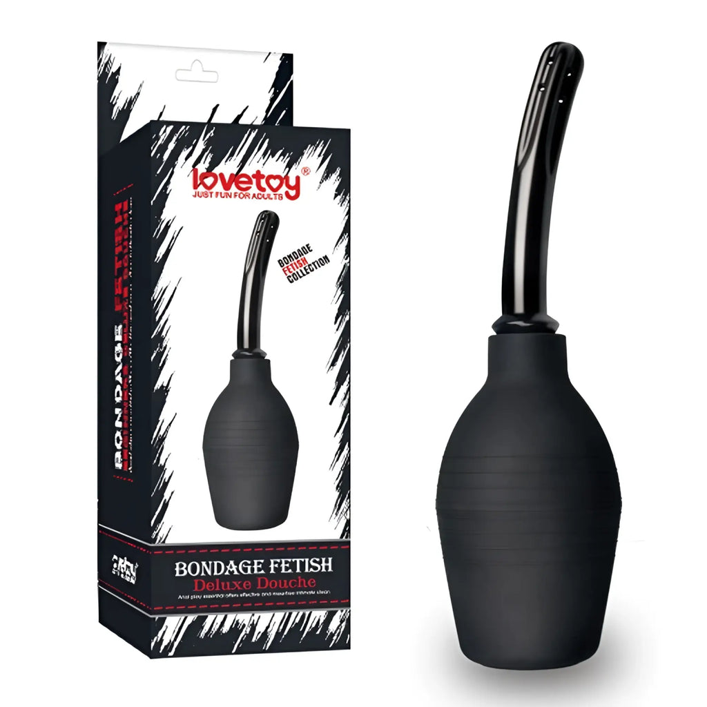Black rubber anal douche from lovetoy bondage fetish deluxe collection with 313ml capacity shown from back side