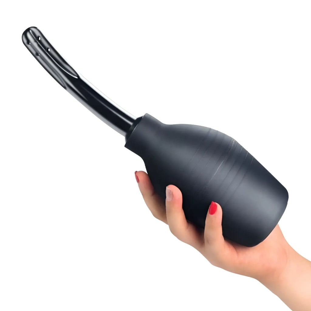 Black rubber anal douche lovetoy deluxe 313ml with curved nozzle and textured grip for easy handling