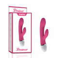 Pink silicone Lovetoy Dreamer rabbit vibrator with silver base and control button featuring 7 modes and rechargeable design