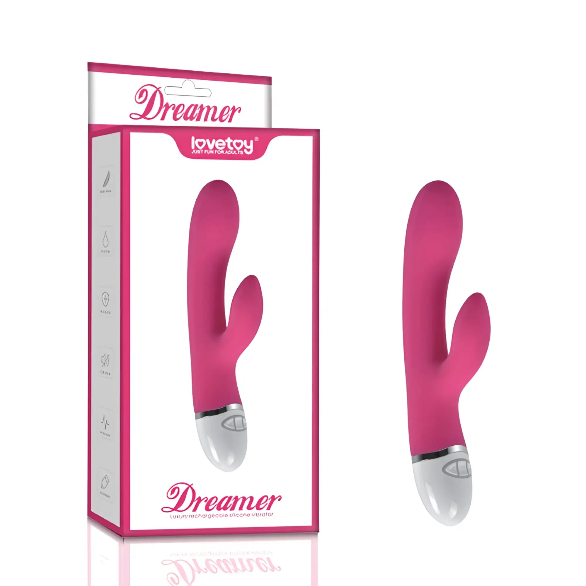 Pink silicone Lovetoy Dreamer rabbit vibrator with silver base and control button featuring 7 modes and rechargeable design