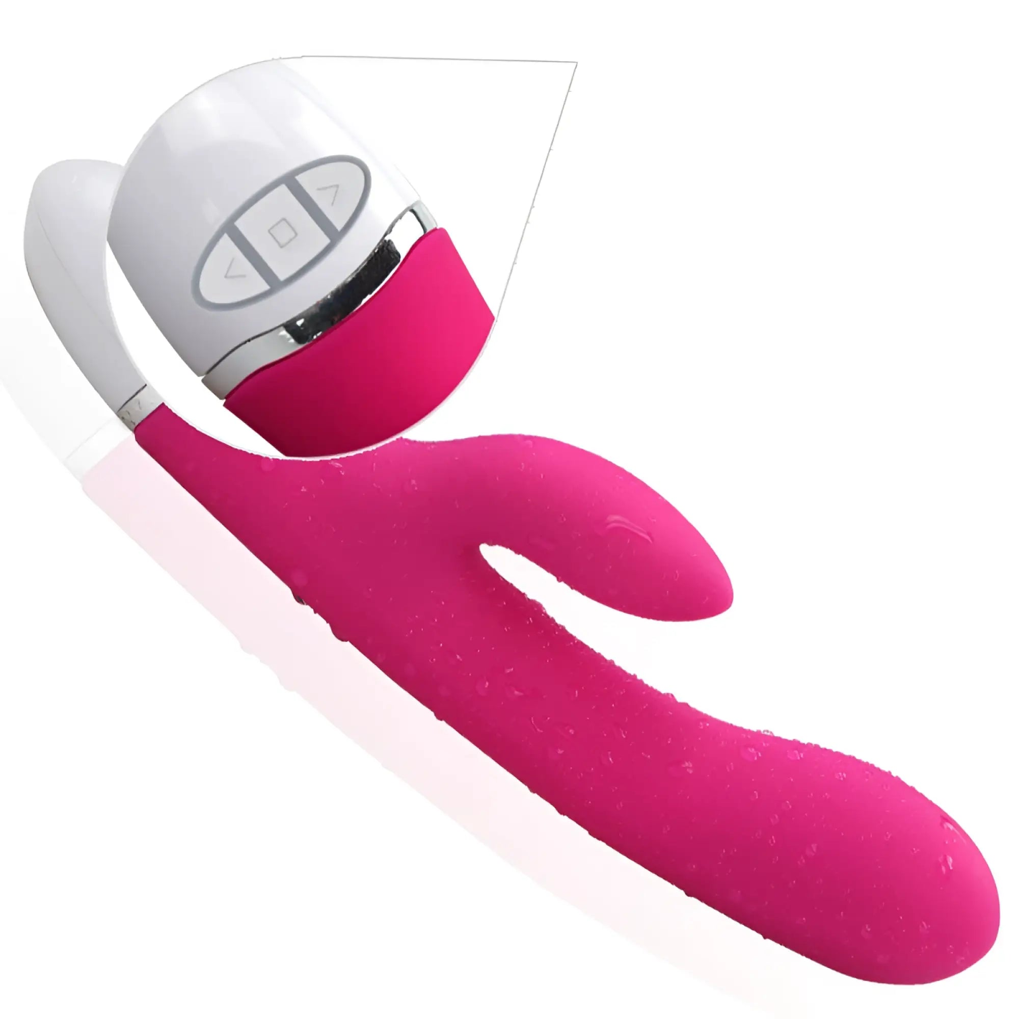 Pink silicone lovetoy dreamer 7 mode rechargeable rabbit vibrator with white silver control head and directional buttons