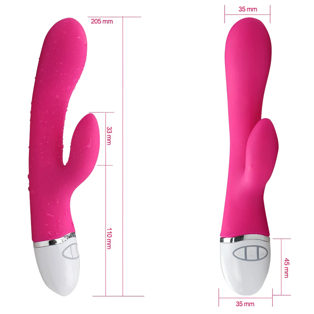 Vibrant pink silicone Lovetoy Dreamer rechargeable rabbit vibrator with white control base and silver trim