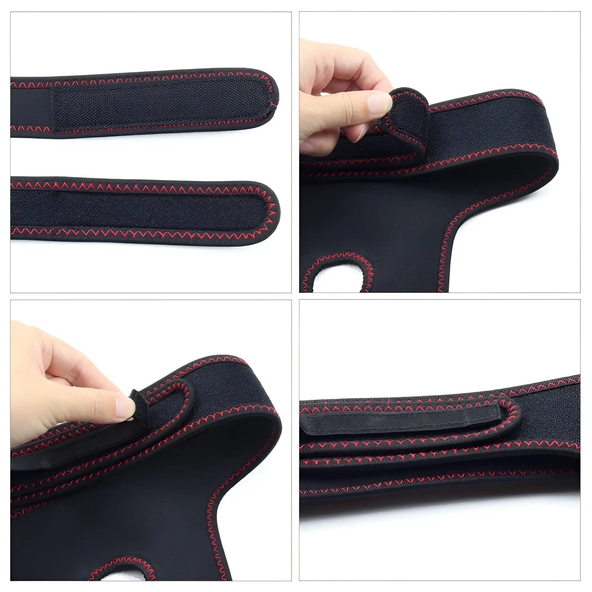 Black neoprene knee support with red zigzag stitching and velcro strap featured in lovetoy easy strap on harness product