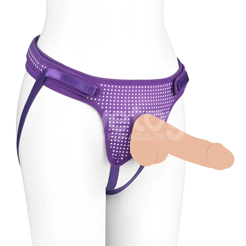 Lovetoy easy strap on harness purple mesh briefs with satin-like waistband and side straps front view