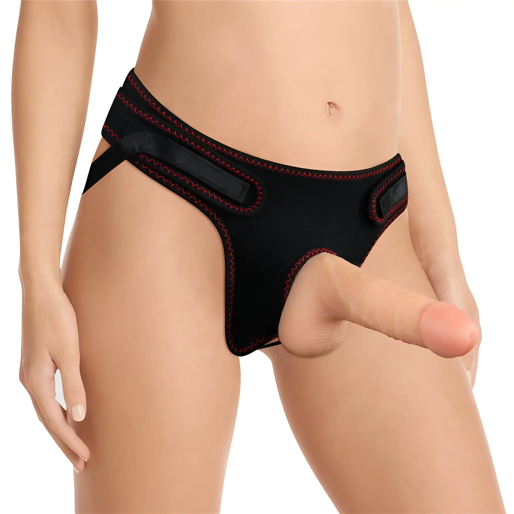 Black neoprene harness with red zigzag stitching and adjustable straps from lovetoy easy strap on set 7.0in