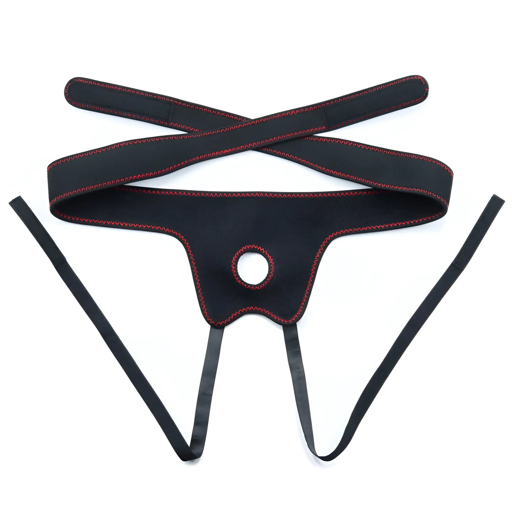 Black neoprene thong with red stitching and central hole from lovetoy easy strap on set 7.0in