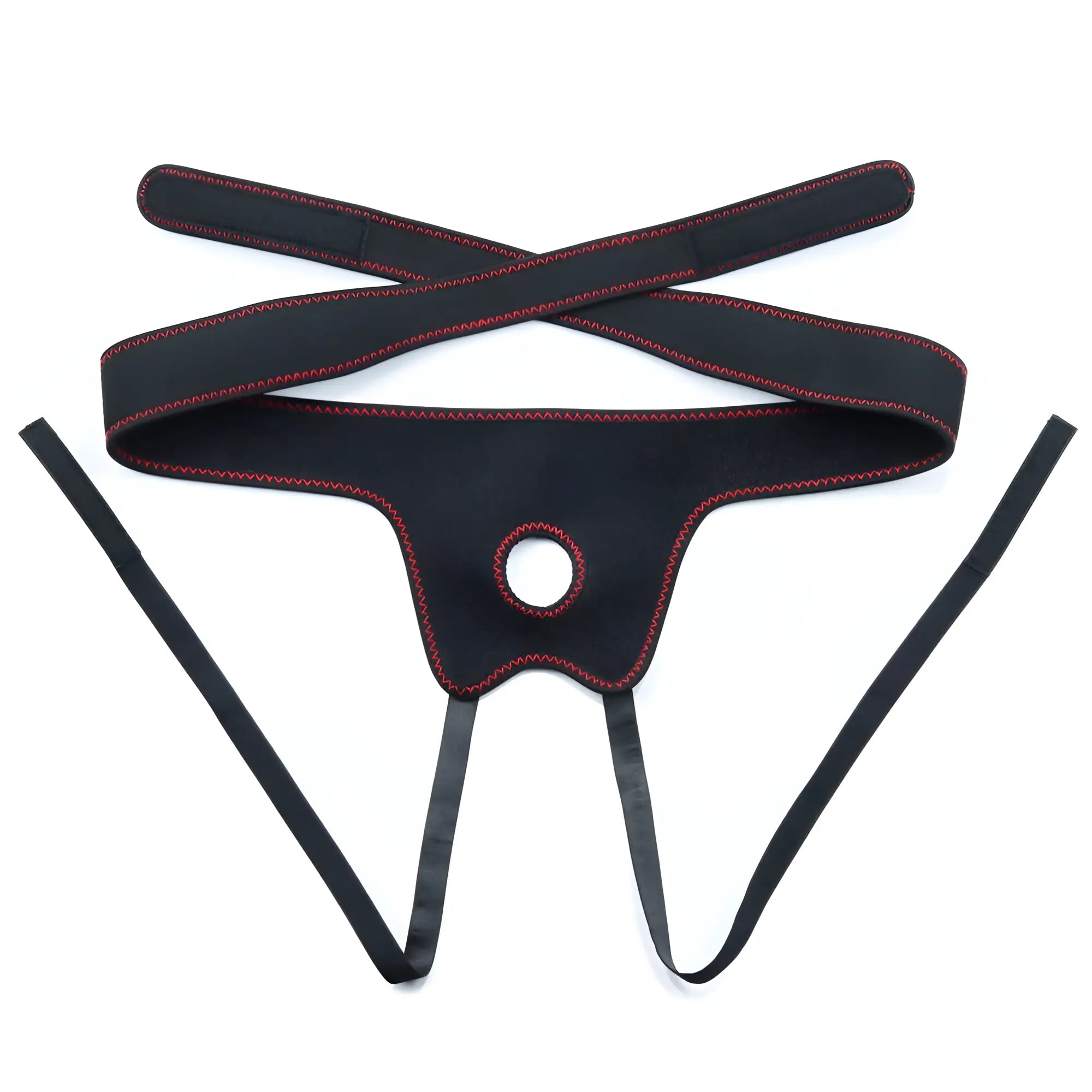 Black neoprene thong with red stitching and central hole from lovetoy easy strap on set 7.0in