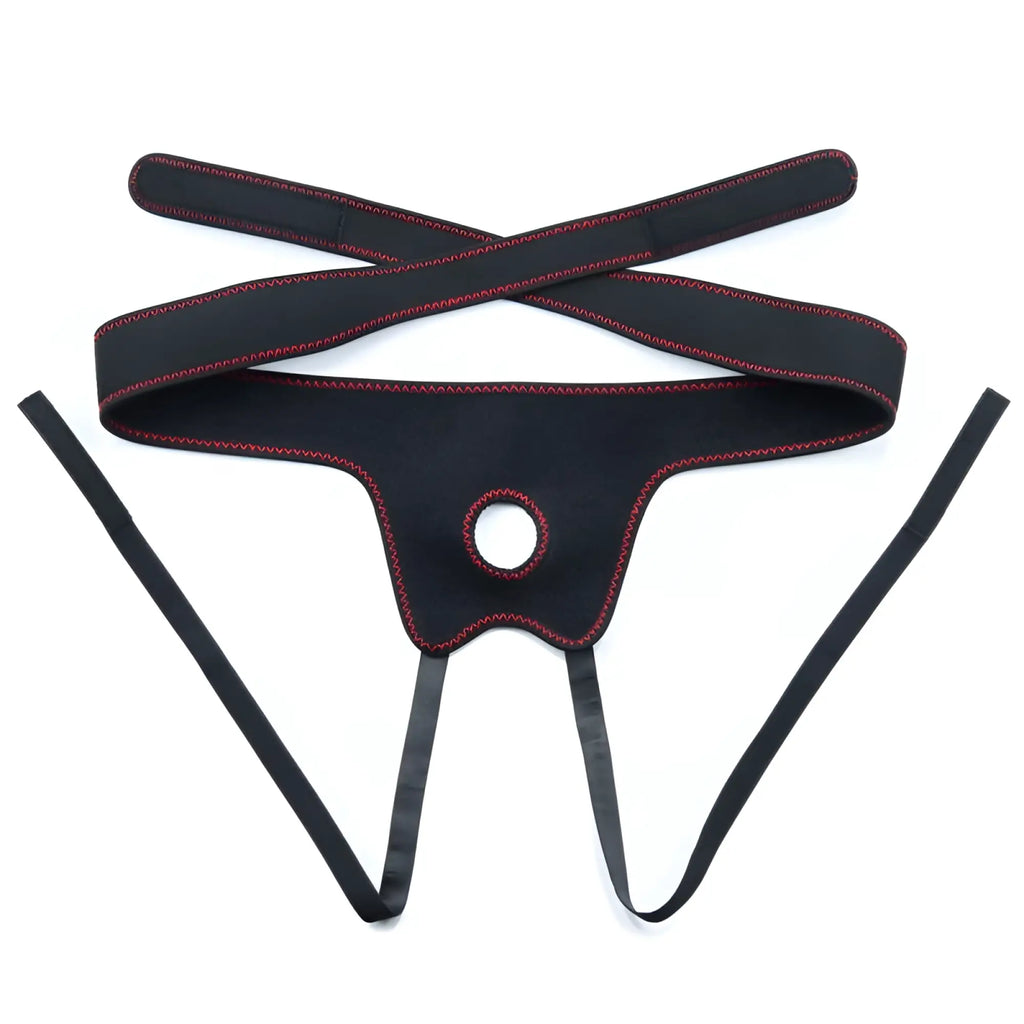 Black leather thong with red stitching and central hole from Lovetoy Easy Strap On Set 7.5in product