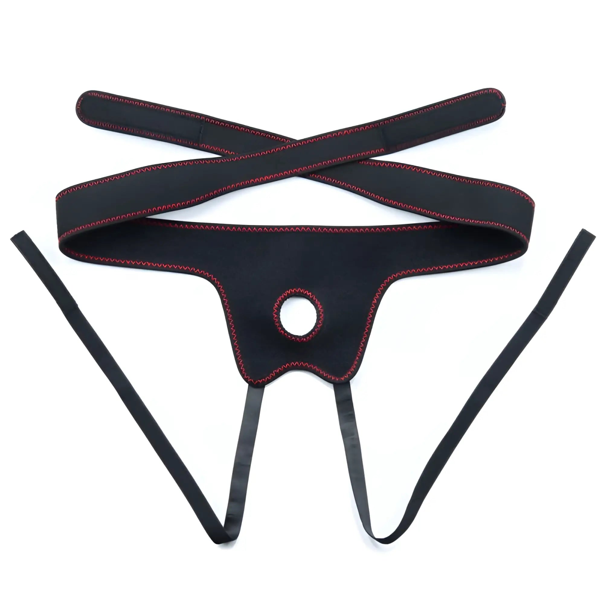 Black leather thong with red stitching and central hole from Lovetoy Easy Strap On Set 7.5in product