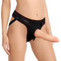 Black neoprene lovetoy easy strap on set 7.5in with red stitching and adjustable straps for adult use