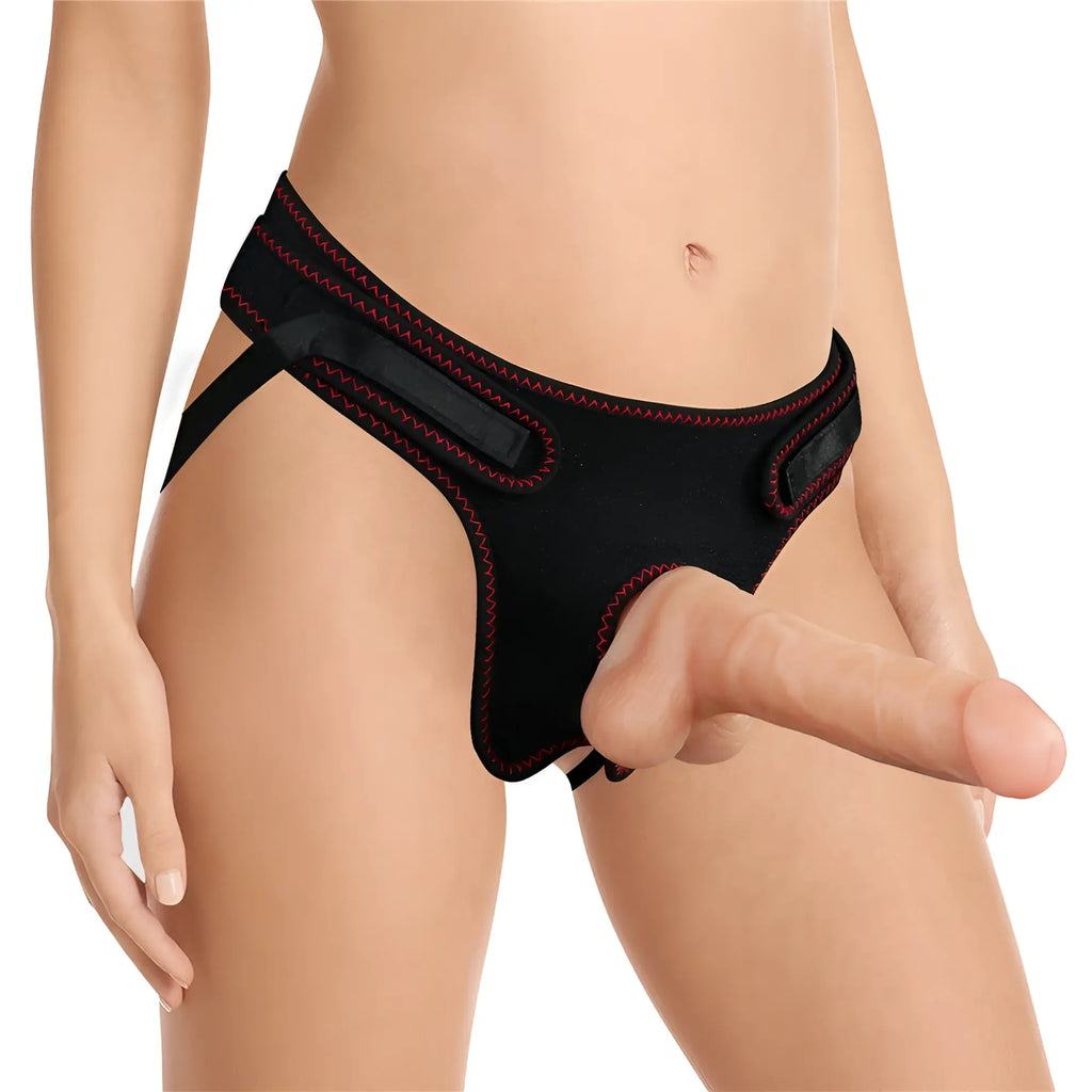 Black silicone cock ring with red stitching and adjustable straps from the lovetoy easy strap on set 7.5in