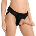 Black silicone cock ring with red stitching and adjustable straps from the lovetoy easy strap on set 7.5in