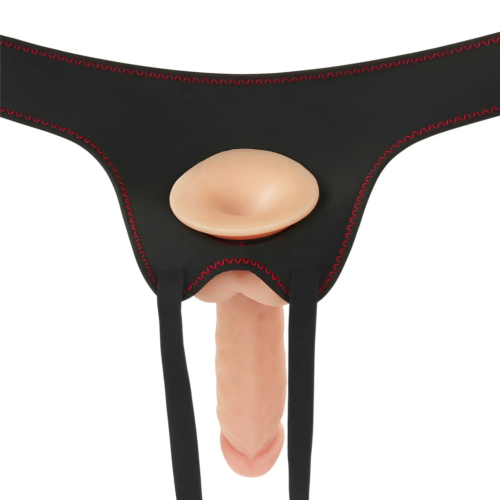 Black silicone harness with red stitching and beige molded insert in lovetoy easy strap on set 7.5in