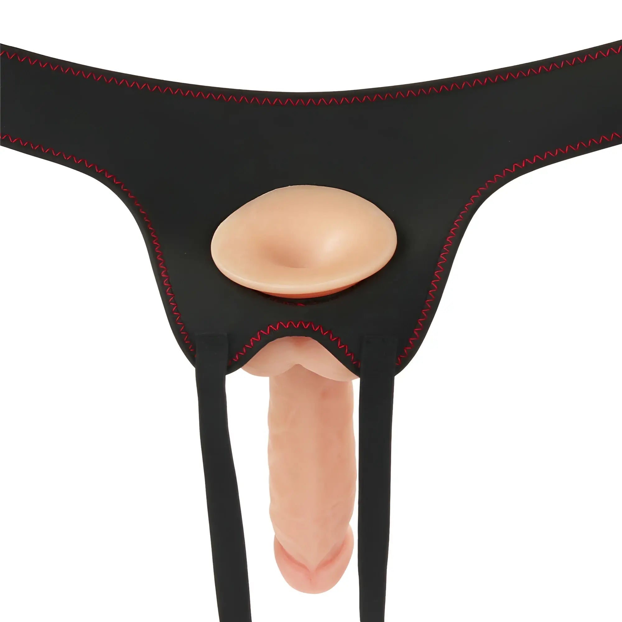 Black silicone harness with red stitching and beige molded insert in lovetoy easy strap on set 7.5in