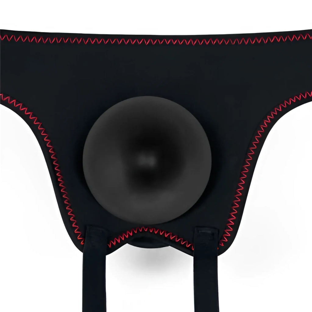 Black silicone suction cup with red zigzag stitching from lovetoy easy strap on set 7.5in black