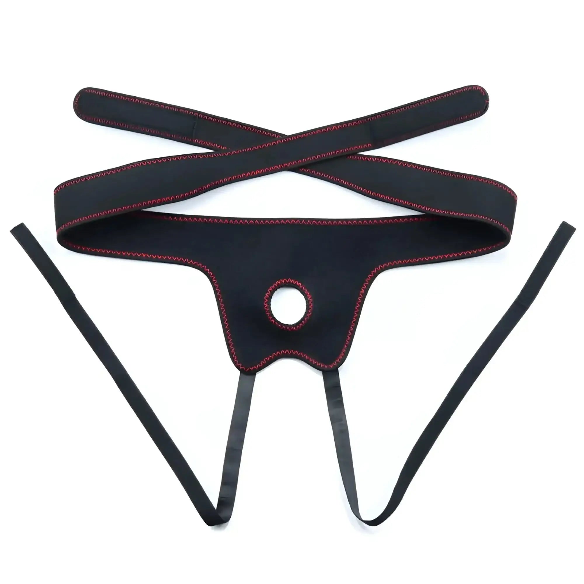 Black leather thong with red stitching and central hole from Lovetoy Easy Strap On Set 7.5in product